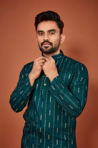 Teal soft cotton embroidery sequance work kurta pajama set