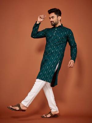 Teal soft cotton embroidery sequance work kurta pajama set 5