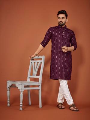 Wine soft cotton embroidery sequance work kurta pajama set 1