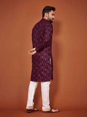Wine soft cotton embroidery sequance work kurta pajama set 2