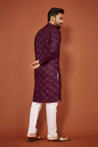 Wine soft cotton embroidery sequance work kurta pajama set
