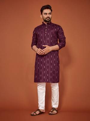 Wine soft cotton embroidery sequance work kurta pajama set 3
