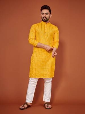 Yellow soft cotton embroidery sequance work kurta pajama set 1