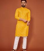Yellow soft cotton embroidery sequance work kurta pajama set