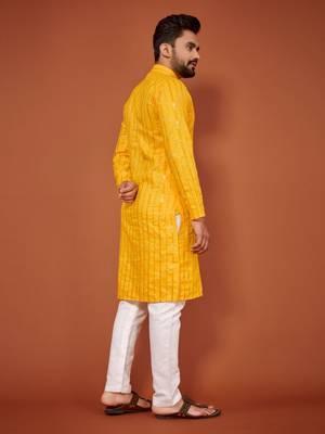 Yellow soft cotton embroidery sequance work kurta pajama set 2