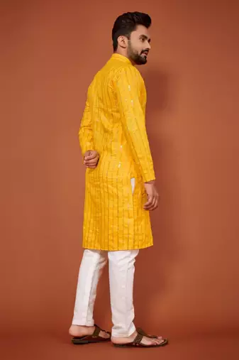 Yellow soft cotton embroidery sequance work kurta pajama set