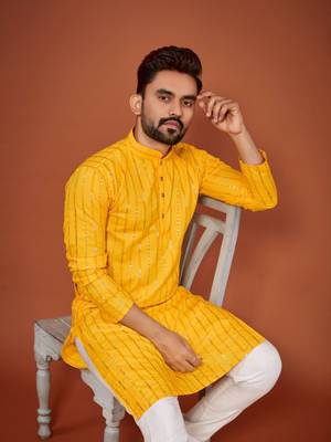 Yellow soft cotton embroidery sequance work kurta pajama set 3