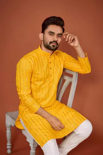 Yellow soft cotton embroidery sequance work kurta pajama set