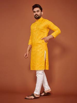 Yellow soft cotton embroidery sequance work kurta pajama set 4