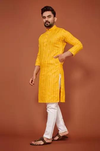 Yellow soft cotton embroidery sequance work kurta pajama set