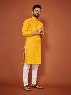 Yellow soft cotton embroidery sequance work kurta pajama set 5