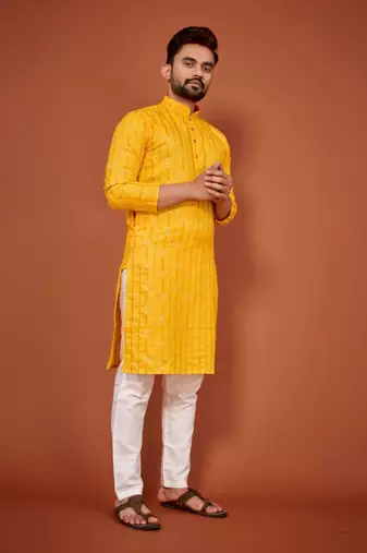 Yellow soft cotton embroidery sequance work kurta pajama set