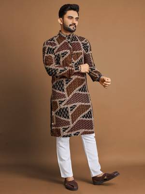 Brown soft cotton foil printed with ethnic motif design kurta pajama set 1
