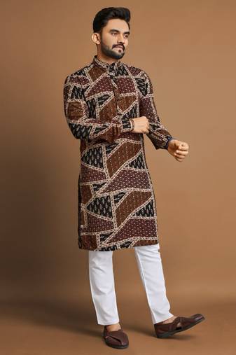 Brown soft cotton foil printed with ethnic motif design kurta pajama set