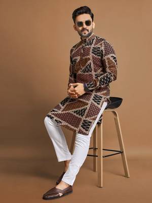 Brown soft cotton foil printed with ethnic motif design kurta pajama set 2