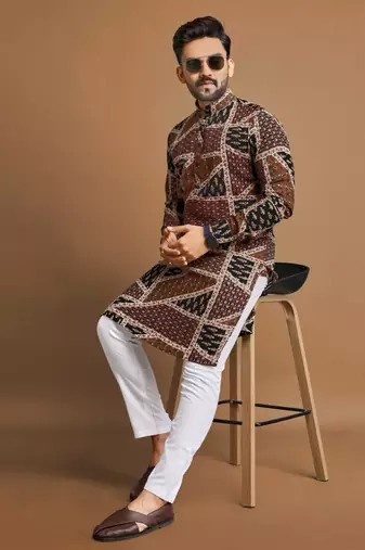 Brown soft cotton foil printed with ethnic motif design kurta pajama set