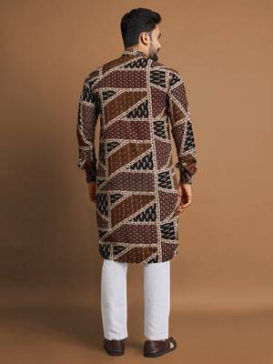 Brown soft cotton foil printed with ethnic motif design kurta pajama set 3