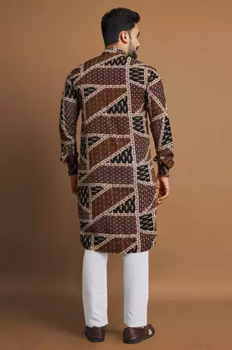 Brown soft cotton foil printed with ethnic motif design kurta pajama set