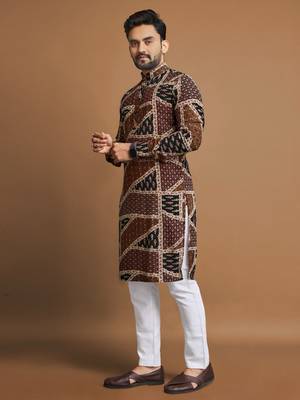 Brown soft cotton foil printed with ethnic motif design kurta pajama set 4
