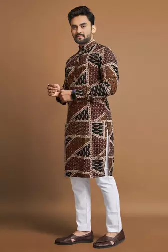 Brown soft cotton foil printed with ethnic motif design kurta pajama set