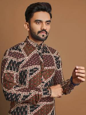 Brown soft cotton foil printed with ethnic motif design kurta pajama set 5