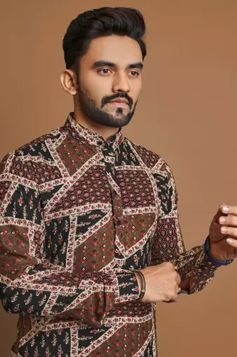 Brown soft cotton foil printed with ethnic motif design kurta pajama set