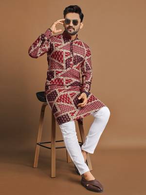 Maroon soft cotton foil printed with ethnic motif design kurta pajama set 1