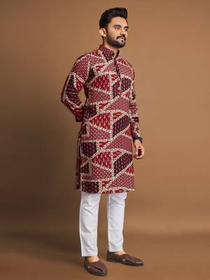 Maroon soft cotton foil printed with ethnic motif design kurta pajama set 2