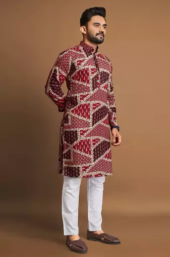 Maroon soft cotton foil printed with ethnic motif design kurta pajama set
