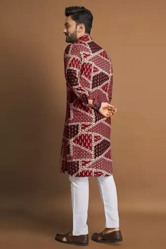Maroon soft cotton foil printed with ethnic motif design kurta pajama set