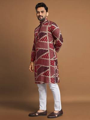 Maroon soft cotton foil printed with ethnic motif design kurta pajama set 4