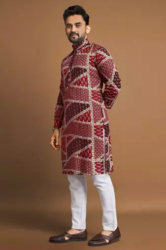 Maroon soft cotton foil printed with ethnic motif design kurta pajama set