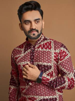 Maroon soft cotton foil printed with ethnic motif design kurta pajama set 5