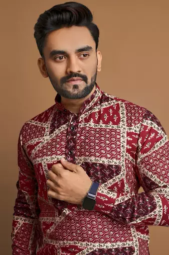 Maroon soft cotton foil printed with ethnic motif design kurta pajama set