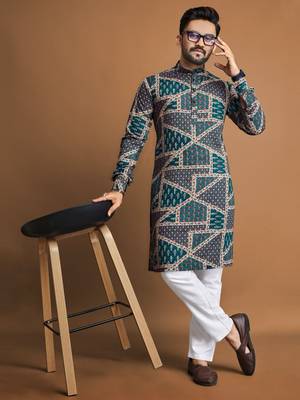 Teal soft cotton foil printed with ethnic motif design kurta pajama set 1