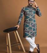 Teal soft cotton foil printed with ethnic motif design kurta pajama set