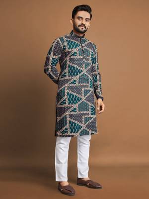 Teal soft cotton foil printed with ethnic motif design kurta pajama set 2