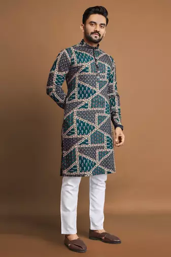 Teal soft cotton foil printed with ethnic motif design kurta pajama set