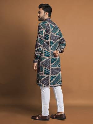 Teal soft cotton foil printed with ethnic motif design kurta pajama set 3