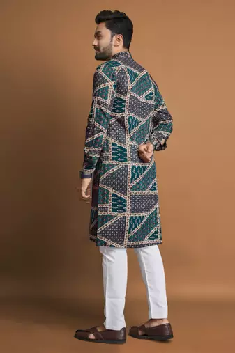 Teal soft cotton foil printed with ethnic motif design kurta pajama set