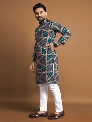 Teal soft cotton foil printed with ethnic motif design kurta pajama set 4