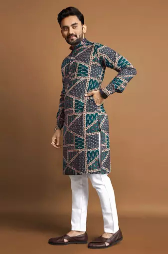 Teal soft cotton foil printed with ethnic motif design kurta pajama set