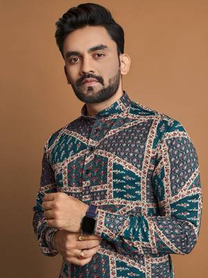 Teal soft cotton foil printed with ethnic motif design kurta pajama set 5