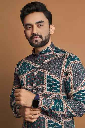 Teal soft cotton foil printed with ethnic motif design kurta pajama set