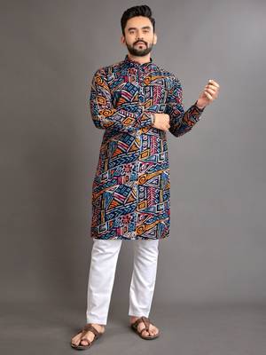 Blue soft cotton foil printed with ethnic motif design kurta pajama set 1