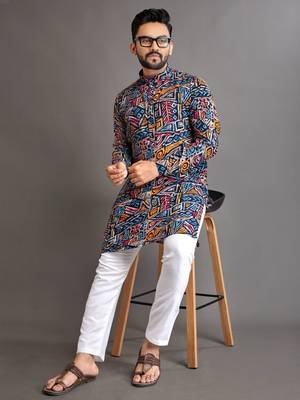 Blue soft cotton foil printed with ethnic motif design kurta pajama set 2