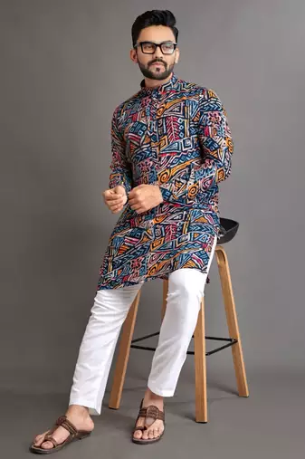 Blue soft cotton foil printed with ethnic motif design kurta pajama set