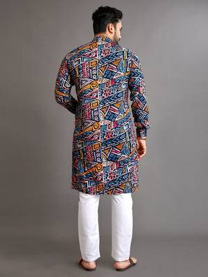 Blue soft cotton foil printed with ethnic motif design kurta pajama set 3