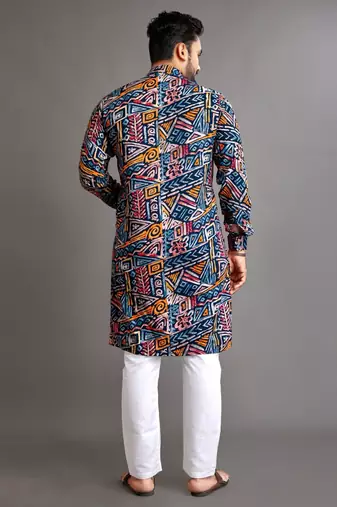 Blue soft cotton foil printed with ethnic motif design kurta pajama set