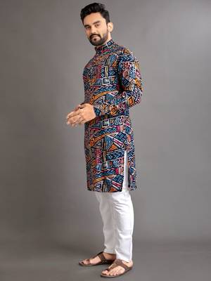Blue soft cotton foil printed with ethnic motif design kurta pajama set 4